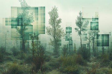 Nature and technology, showcasing a lush landscape where each plant and tree is replaced by holographic squares. The fusion of organic and artificial elements creates a visually striking commentary .
