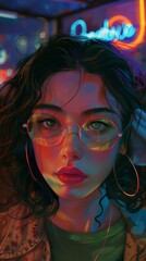 PORTRAIT OF A GIRL IN CYBERPUNK STYLE. Beautiful girl in neon light. Game design, cyberpunk