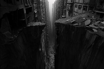 Crevice in a cityscape, highlighting the contrast between natural and urban elements. Stark, high-contrast tones inspired by the street photography. - obrazy, fototapety, plakaty