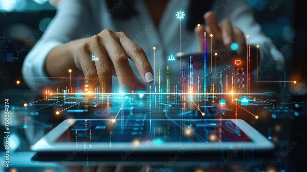 Aufkleber Businessman analysis sales data graph growth on modern interface icons on strategy, Digital online marketing, Solution analysis and development contents on global network connection. Generative AI.