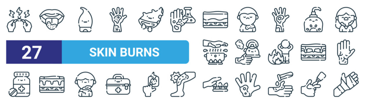 set of 27 outline web skin burns icons such as electricity, burn, aloe vera, burn, burn, hand vector thin line icons for web design, mobile app.