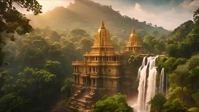 A hyper-realistic digital rendering of a temple dedicated to the god Shiva, nestled in the heart of an enchanted forest. The temple, with its golden domed roof, is bathed in sunlight filtering through