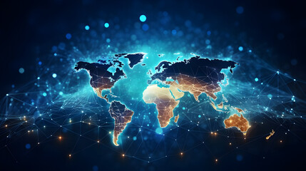 The abstract digital world map outlines the concept of global connectivity, data transfer, cyber technology, information exchange, and communication. - obrazy, fototapety, plakaty