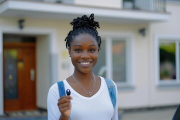 new home - young woman smiling showing the key to her new apartment, outside 