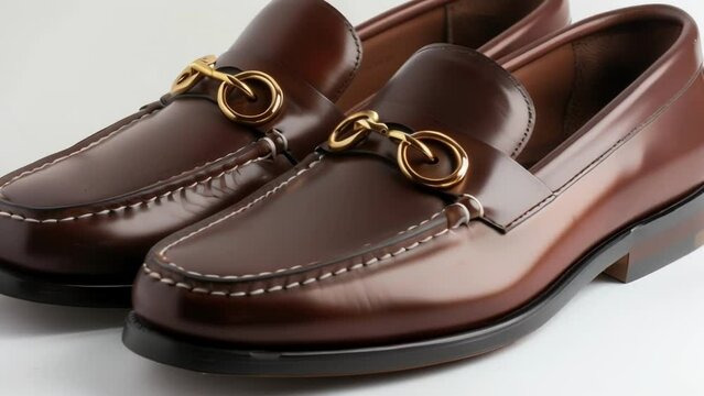 Classic brown leather loafers with a gold horsebit detail a timeless addition to any shoe collection.