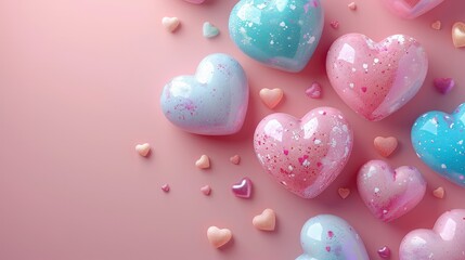 Fototapeta na wymiar Background for Valentine's Day with 3D hearts on a pink background, pastel color. Generative AI.