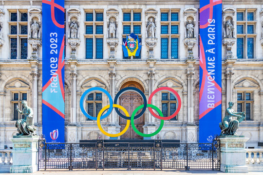 Paris 2024 Olympic rings in front of the city hall in Paris, France