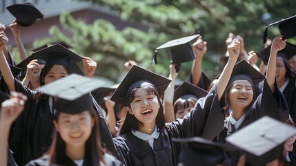 졸업식에서 행복하게 웃고 있는 한국 학생들의 모습 - obrazy, fototapety, plakaty