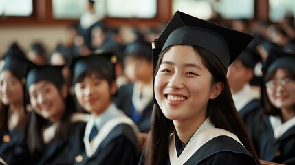 졸업식에서 행복하게 웃고 있는 한국 학생들의 모습 - obrazy, fototapety, plakaty