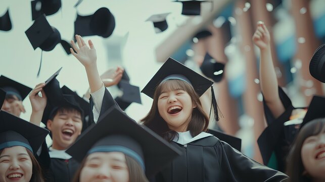 졸업식에서 행복하게 웃고 있는 한국 학생들의 모습