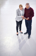Top view, teamwork or people in factory inspection for stock in a plant, supplier or production....