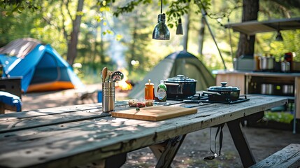 Outdoor kitchen gear and wooden table with field tents at a campground in a natural park. - obrazy, fototapety, plakaty