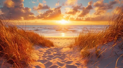 Panoramic view of a tranquil beach with golden sand, reflecting the warm glow of the sunset sky. Perfect for relaxation and vacation inspiration. - obrazy, fototapety, plakaty