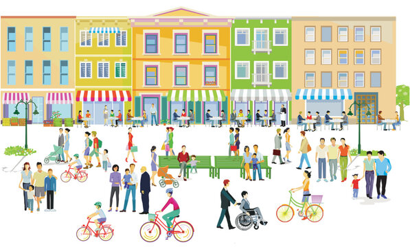 Stadtsilhouette mit Menschengruppen in der Freizeit im Wohnviertel, Illustration