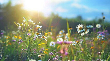 Vibrant meadow with daisies under sun-drenched sky