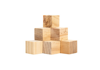 Stacked wooden cubes forming half pyramid isolated on white background.