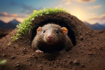 A mole peeps out of a mound of earth