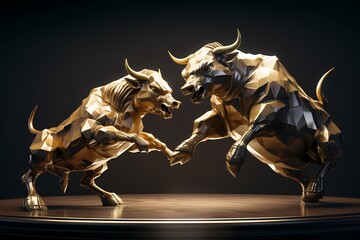 Bull and bear forces in perfect harmony on the market scale, creating a striking visual representation of the perpetual dance of financial dynamics.