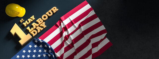 Labour day background design with American flag isolated on dark background. 1st May Labour day background. 3D illustration - 768637329