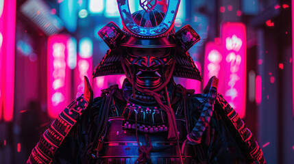 Futuristic samurai with sword at city street - 768637339