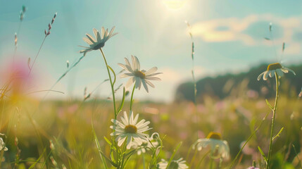 Vibrant meadow with daisies under sun-drenched sky