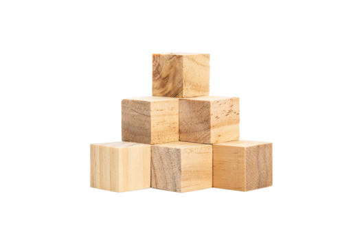 Stacked wooden cubes forming half pyramid isolated on white background.
