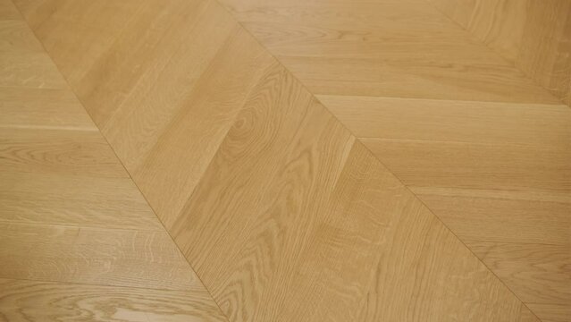 Close-up of a herringbone pattern wooden floor with a warm oak finish, showcasing intricate wood grain details