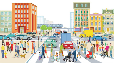 Stadtsilhouette einer Stadt mit Verkehr  und Personen, illustration - obrazy, fototapety, plakaty