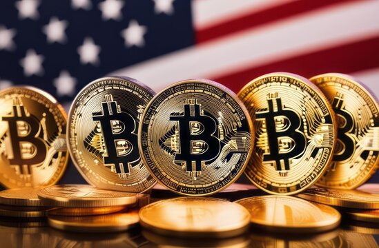 Bitcoin coins on the background of the United States flag of America behind it. Closeup photo of pile of glowing bitcoin (BTC) on United States of America flag behind stock market data graph