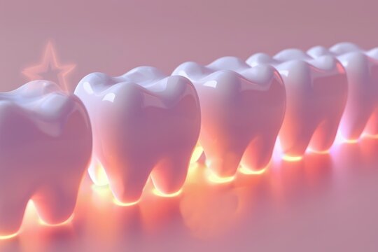 3D depiction of healthy teeth with a glowing fluoride barrier, representing cavity prevention
