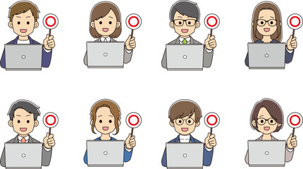 パソコンを前に、〇の札を出すスーツを着た若者たち