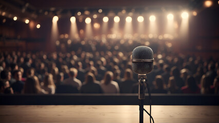 microphone on stage with spotlight - obrazy, fototapety, plakaty