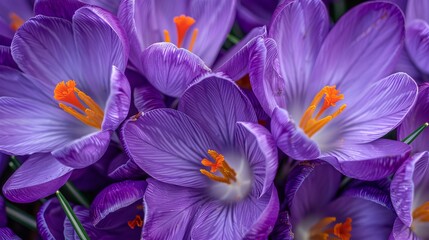 Purple crocus flowers in Arlington, Massachusetts, with orange pistil and stamens. - obrazy, fototapety, plakaty