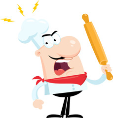 Angry Chef Man Cartoon Character Holding A Rolling Pin. Vector Illustration Flat Design Isolated On Transparent Background