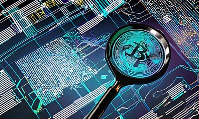 This image captures the essence of crypto scrutiny with a Bitcoin sign magnified against a circuit board, highlighting technological and financial investigation. Apt for themes of blockchain and - obrazy, fototapety, plakaty