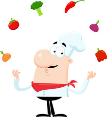Funny Chef Man Cartoon Character Juggling With Fresh Vegetables. Vector Illustration Flat Design Isolated On Transparent Background