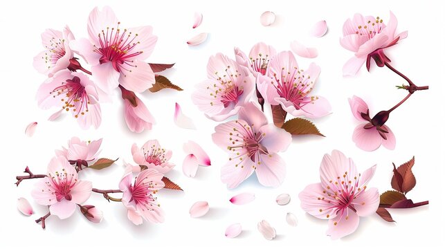 Realistic pink sakura cherry blossom bouquet, with isolated petals, branches and leaves. Perfect for spring-themed designs featuring illustrations of blooming trees.