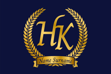 Initial letter H and K, HK monogram logo design with laurel wreath. Luxury golden calligraphy font. - obrazy, fototapety, plakaty