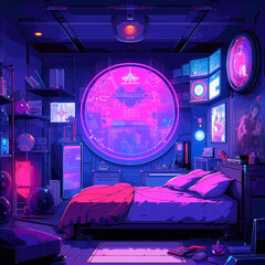 Pixel art illustration of lofi interior bedroom in vaporwave color scheme. AI Generative of anime environment scene with intricate details