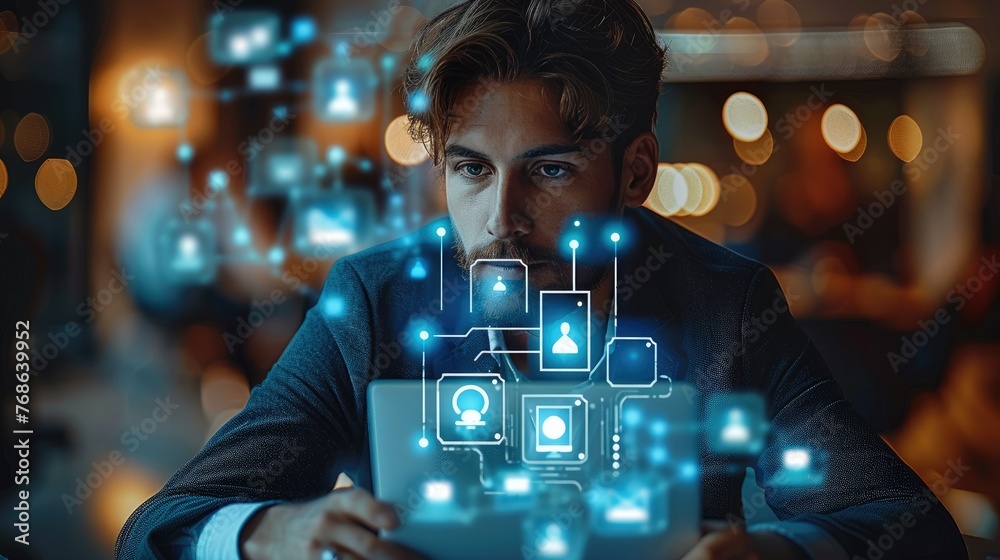 Poster ai social media icons and reflections from the screen of a handsome young businessman sitting and wo