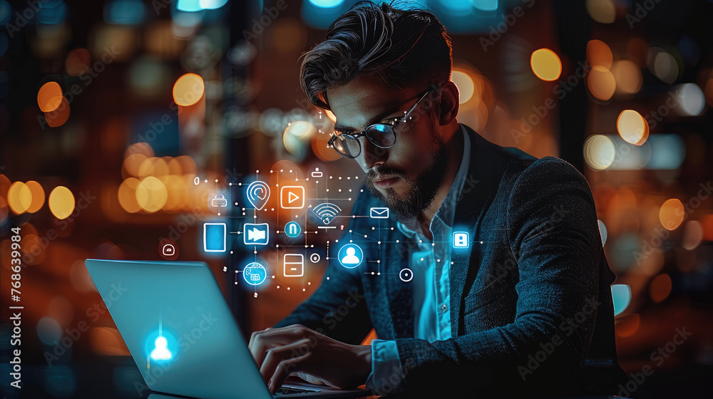 Poster ai social media icons and reflections from the screen of a handsome young businessman sitting and wo
