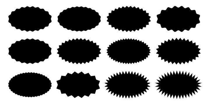 Set or oval shapes with wiggly and zigzag borders. Empty black sale, price, discount, special offer, coupon, promo code stickers. Speech bubbles, messages, text boxes in cartoon style.
