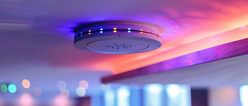 Zoomedin image of a wireless access point on a ceiling, showcasing its sleek design and indicator lights signaling network activity , vibrant