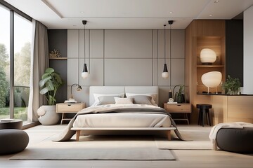 Interior of modern master bedroom with white walls, wooden floor, comfortable king size bed with black armchairs and coffee table.