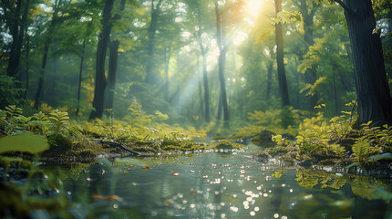 Obraz premium The sunny forest after the rain. Generative AI.