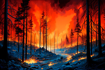 Forest fire disaster, trees burning at night. Wildfire nature destruction - obrazy, fototapety, plakaty