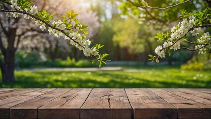 Beautiful spring background with green juicy young foliage and empty wooden table in nature outdoor - obrazy, fototapety, plakaty