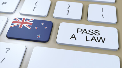 New Zealand Country National Flag and Pass a Law Text on Button 3D Illustration