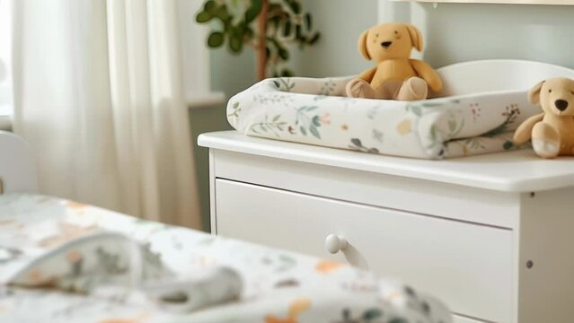 A playful nursery with a pastelcolored changing table cover featuring a charming woodland animal print.