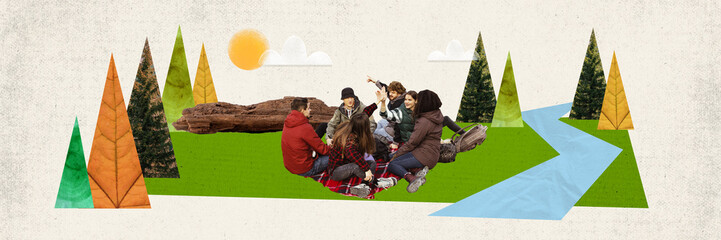 Friends sitting in forest by fire, resting after active hiking activity. Autumn forest walking. Contemporary art collage. Concept of tourism, active lifestyle, travelling, vacation, hobby